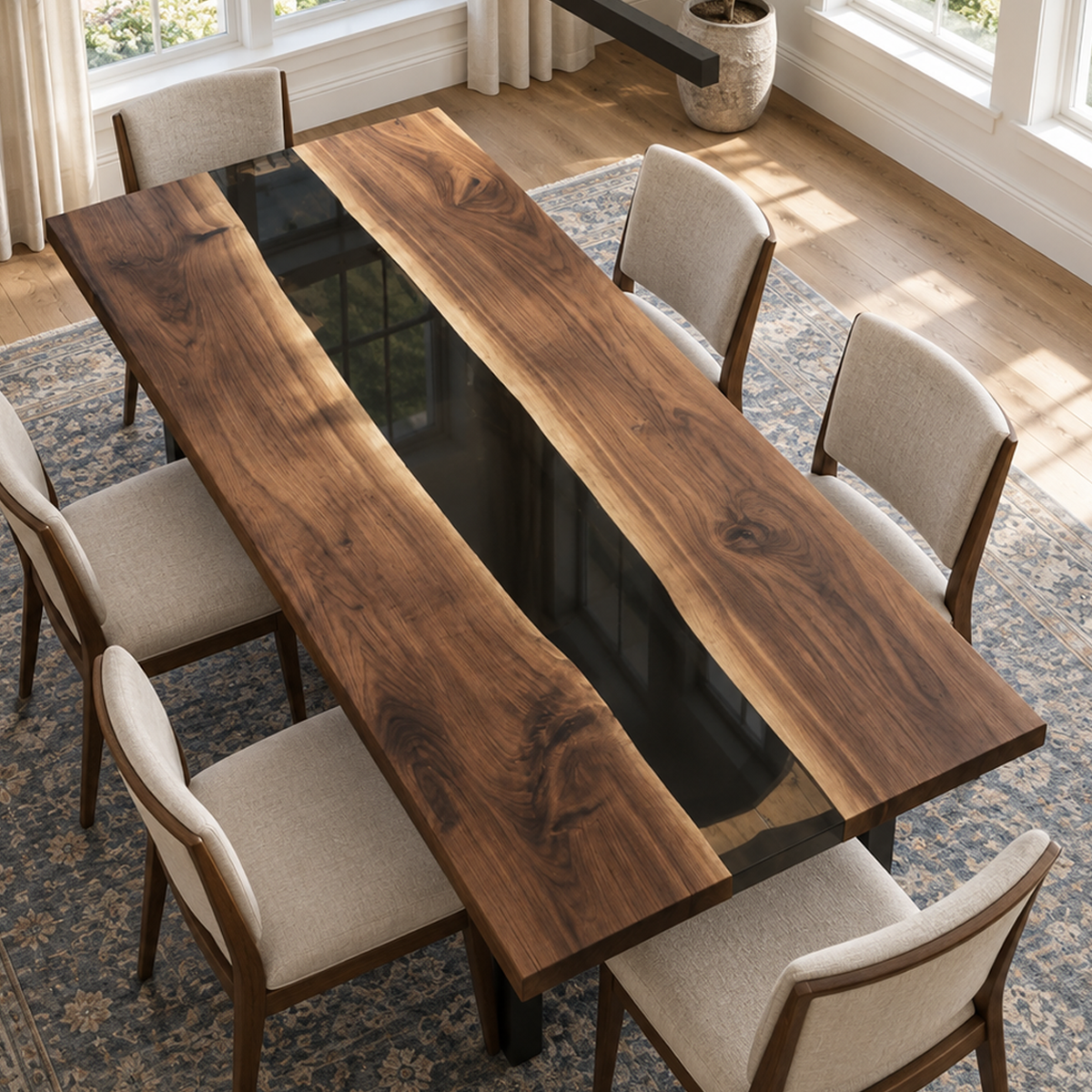 Handcrafted Black Walnut Black River Epoxy Resin Table for Dining Room