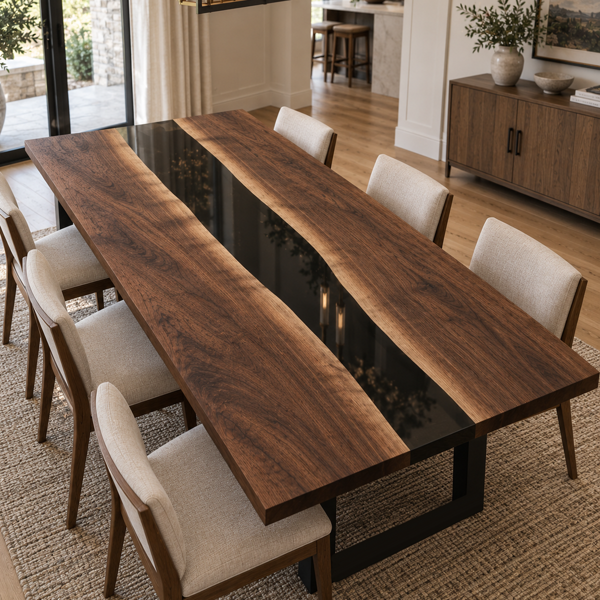 Handcrafted Black Walnut Black River Epoxy Resin Table for Dining Room