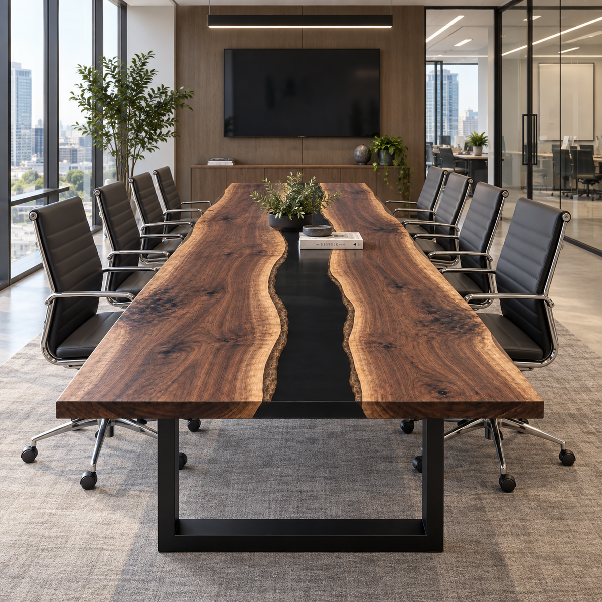 Live Edge Black Walnut Black Epoxy Resin Conference Table