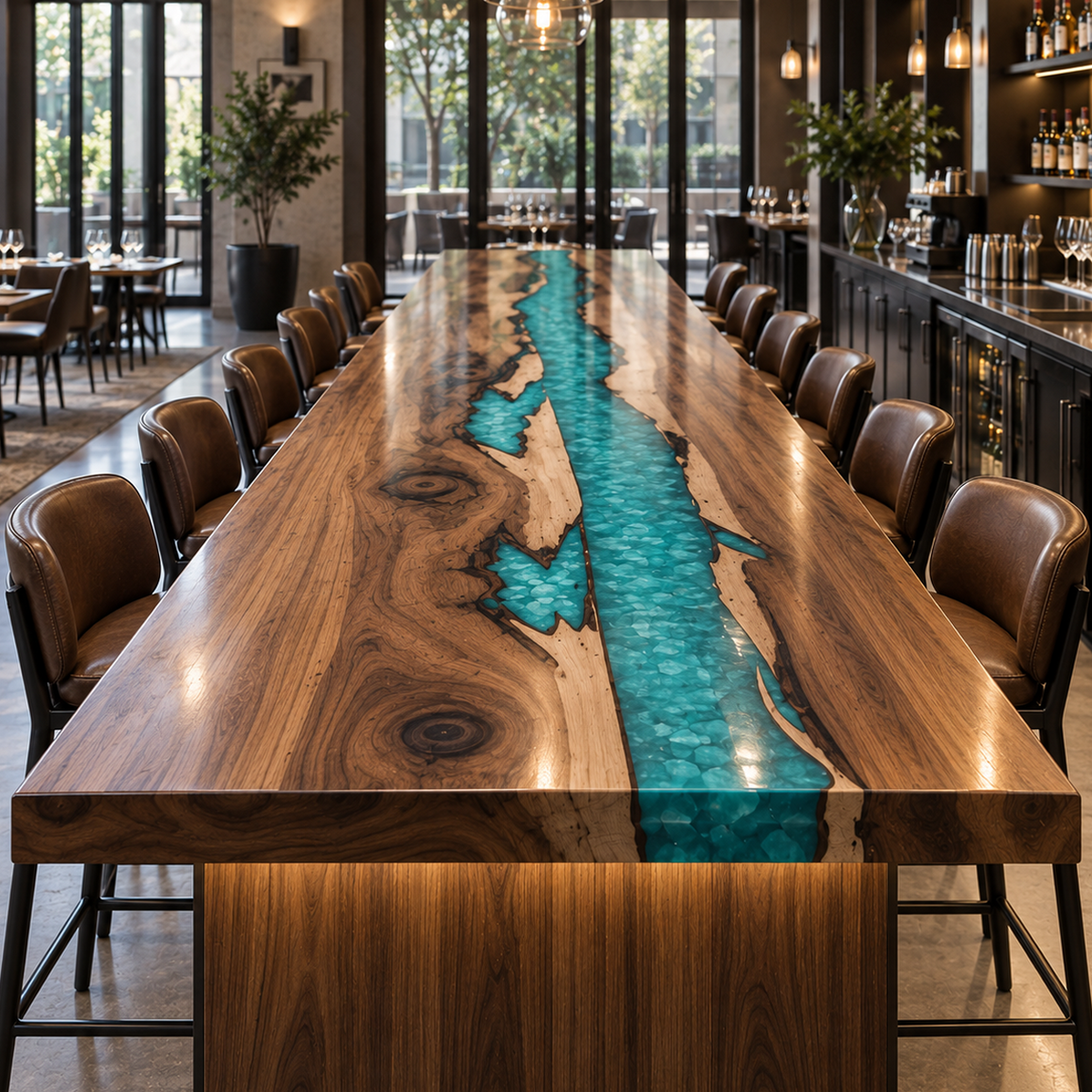 Walnut Wood L-Shape Swirl Blue Epoxy Resin Bar Counter Table