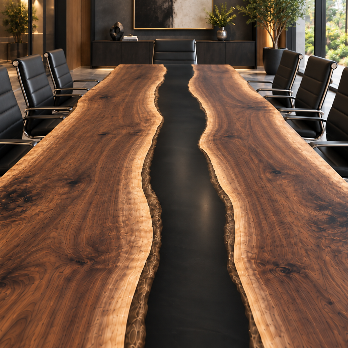 Live Edge Black Walnut Black Epoxy Resin Conference Table