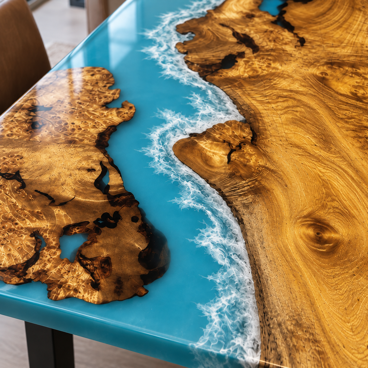 Golden Camphor Ocean Blue Epoxy Resin Table for Dining Room