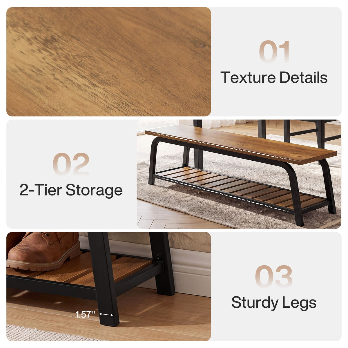 63" Industrial Dining Bench, 2-Tier Kitchen Bench with Metal Frame for Dining Room