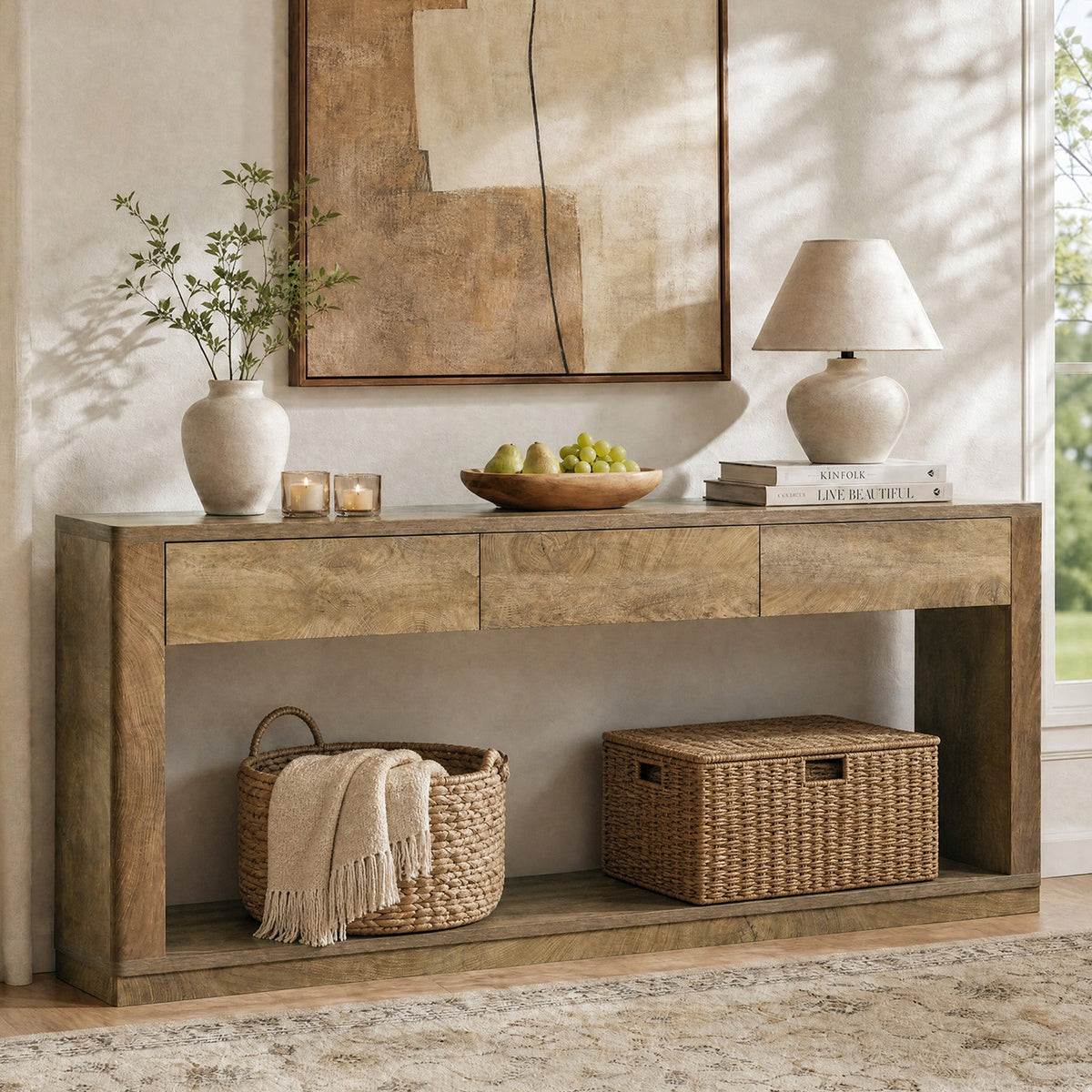 70.9" Console Table with 3-Drawer, Long Sofa Table with Open Storage Shelf for Entryway