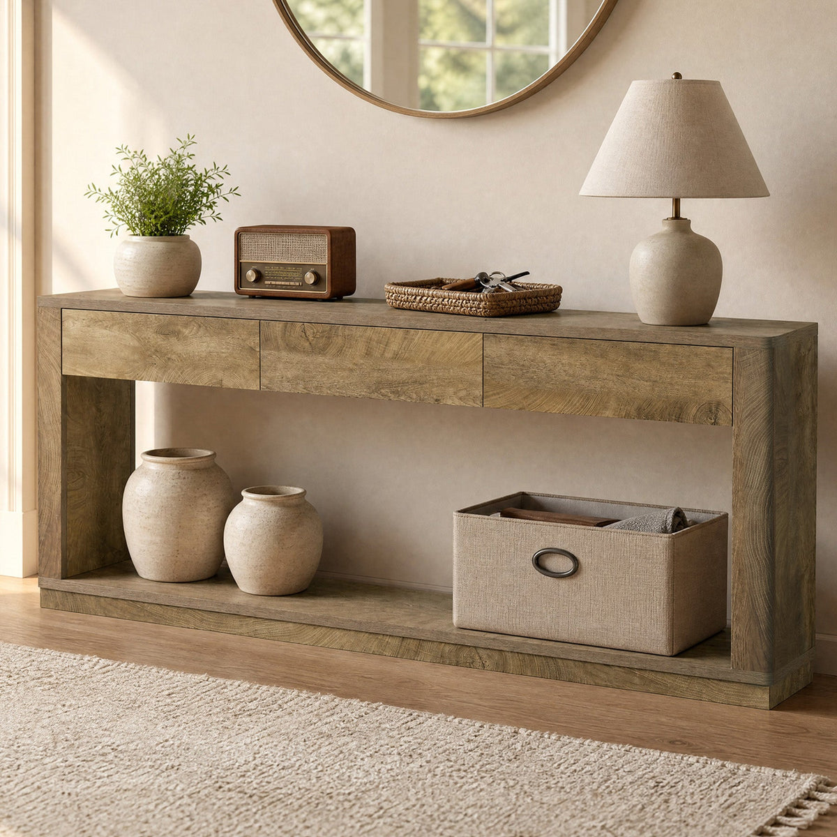 70.9" Console Table with 3-Drawer, Long Sofa Table with Open Storage Shelf for Entryway