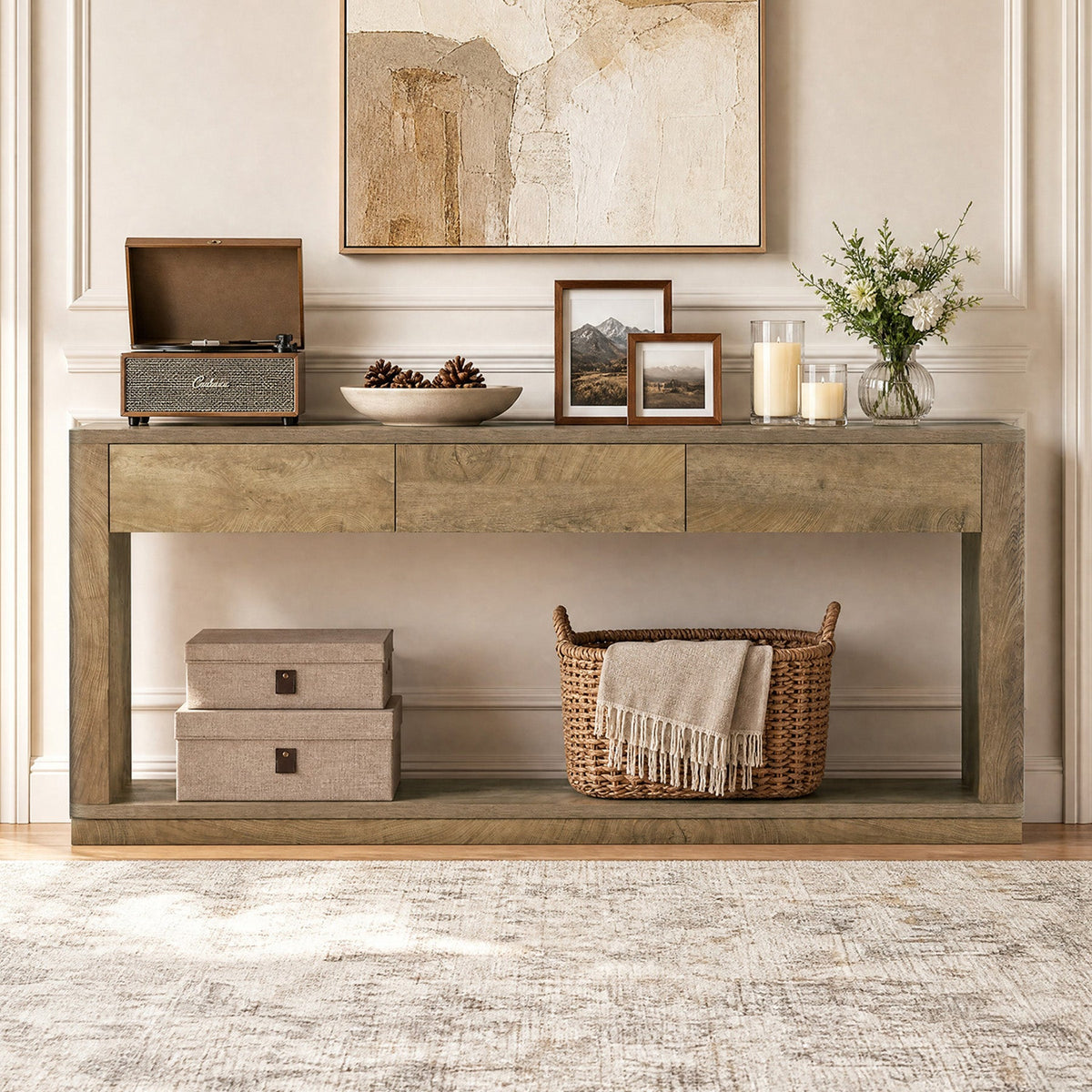 70.9" Console Table with 3-Drawer, Long Sofa Table with Open Storage Shelf for Entryway