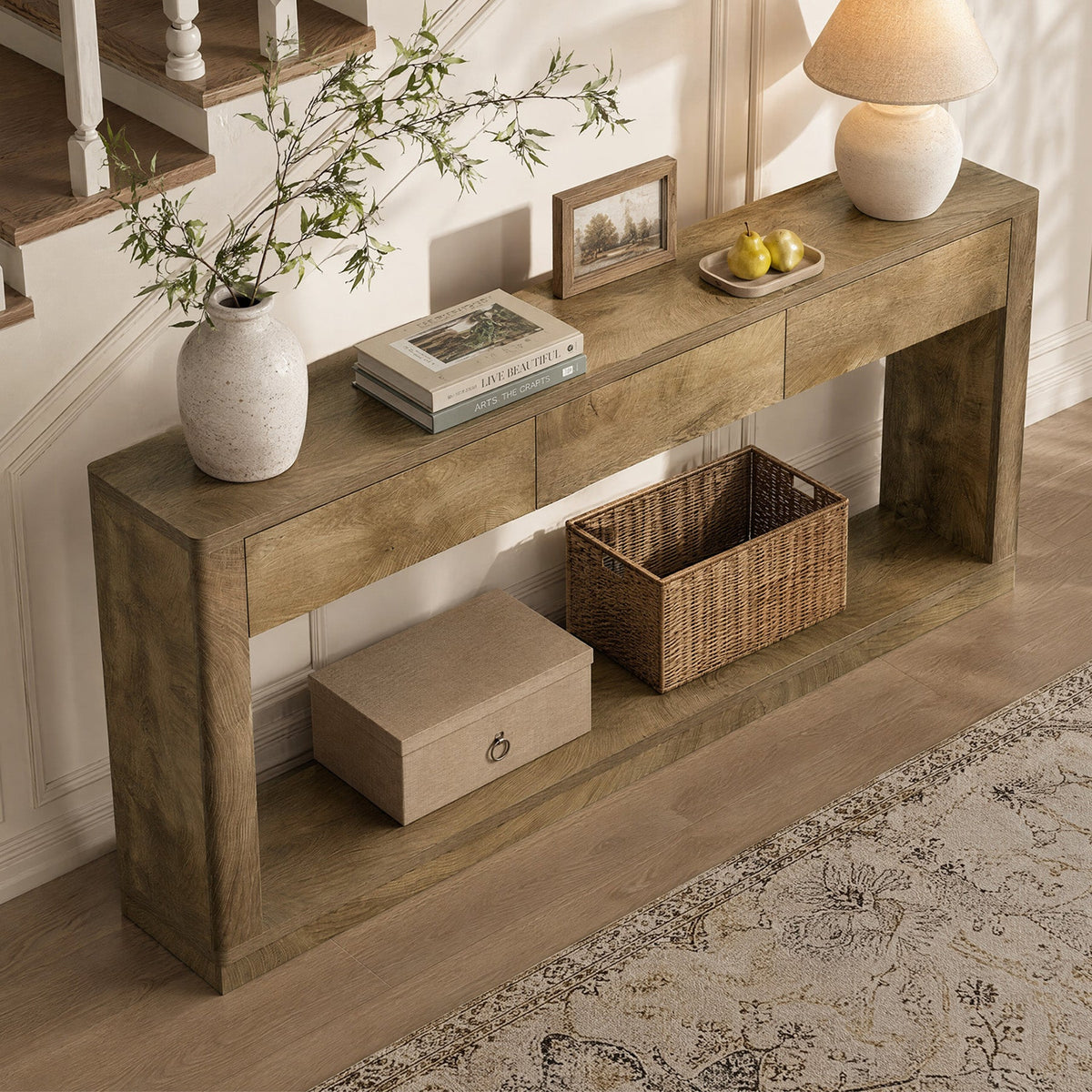 70.9" Console Table with 3-Drawer, Long Sofa Table with Open Storage Shelf for Entryway