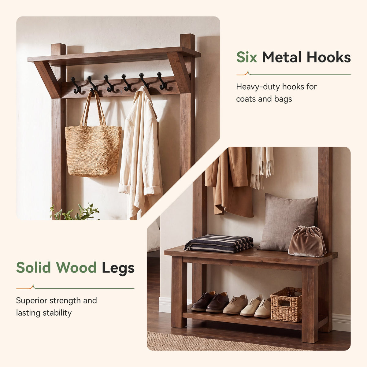 71" Solid Wood Hall Tree, 4-in-1 with 2-Tier Shoe Rack, 6 Hooks, Farmhouse Entryway
