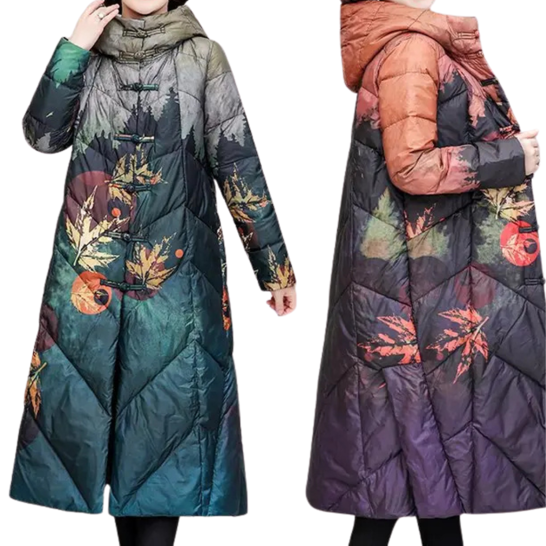 Allysa | Women’s Long Winter Puffer Jacket | Leaf Print