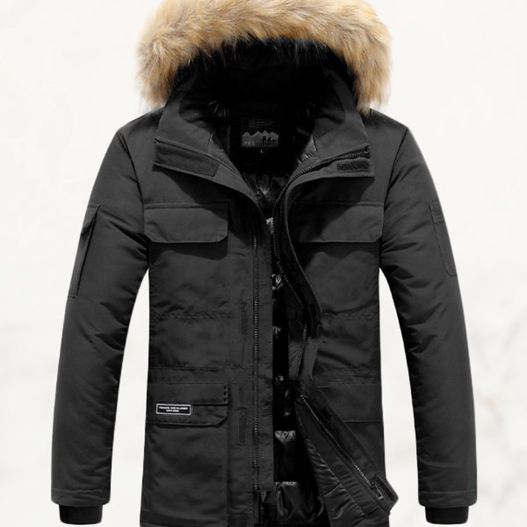 Bradley | Men’s Extra Warm Hooded Fur Coat | Mid-Length