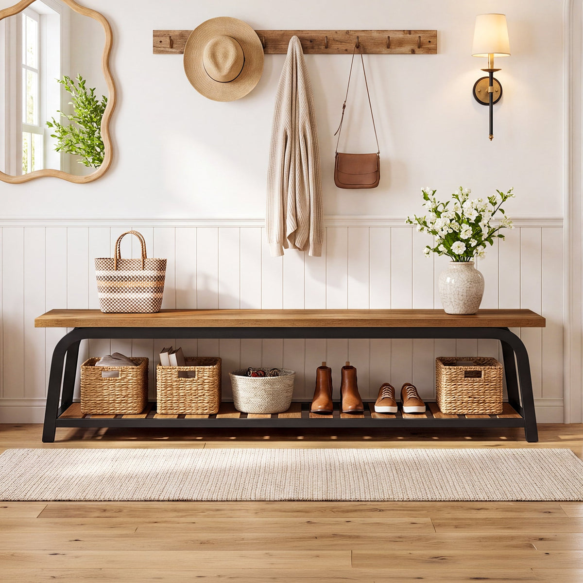 63" Industrial Entryway Bench, 2-Tier Shoe Storage Bench with Metal Frame for Hallway