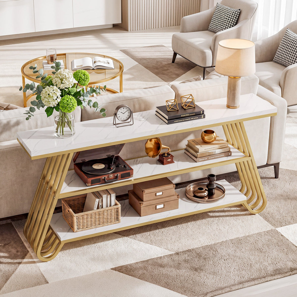 71" Faux Marble Console Table, 3-Tier Modern Entryway Sofa Table, Living Room