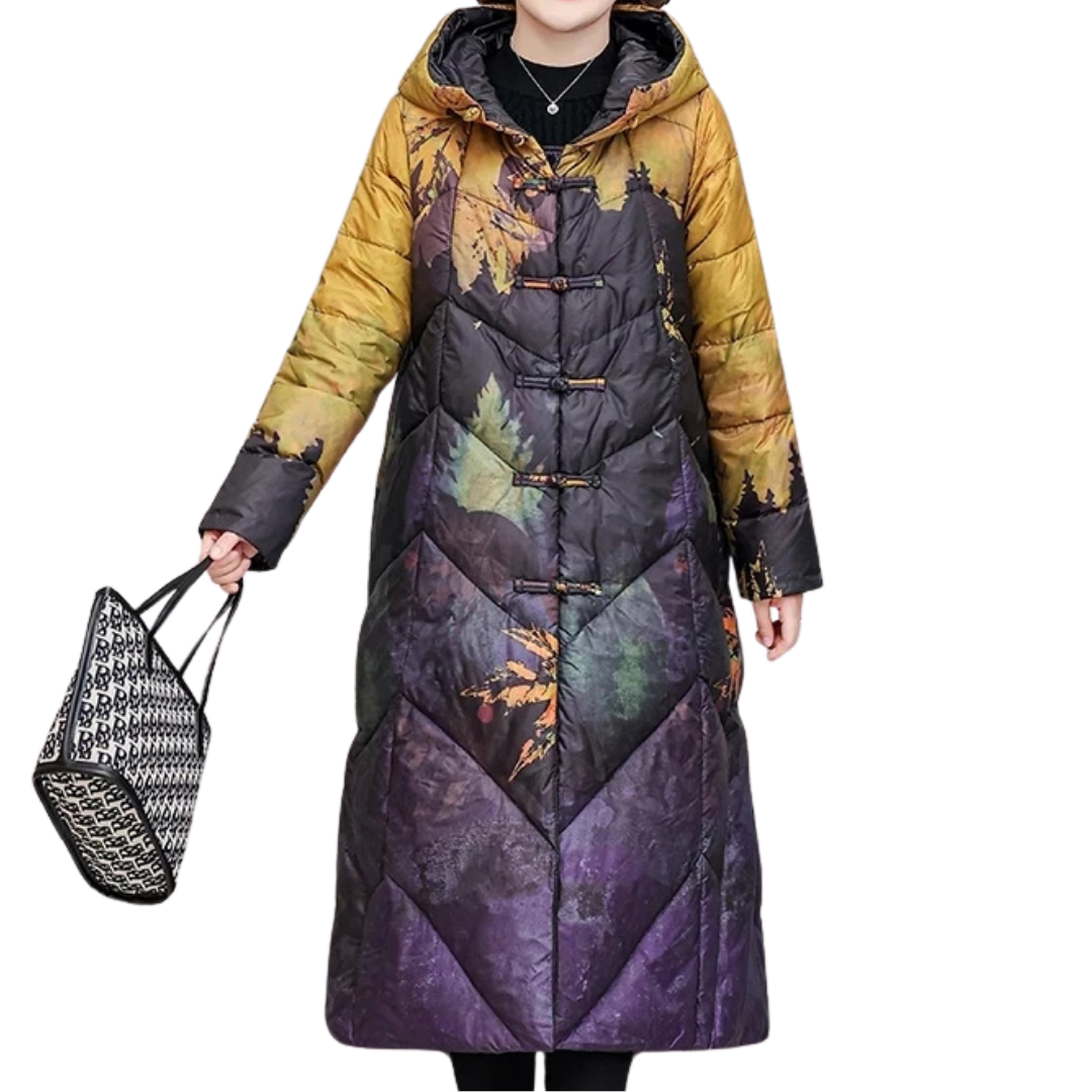 Allysa | Women’s Long Winter Puffer Jacket | Leaf Print