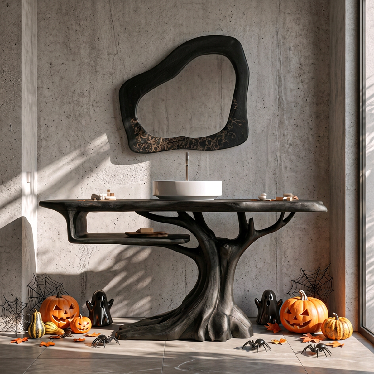 Rustic Halloween Wooden Bathroom Vanity With Branch Inspired Frame For Bathroom SINLKIBRV341