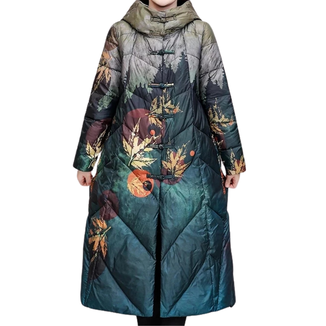 Allysa | Women’s Long Winter Puffer Jacket | Leaf Print