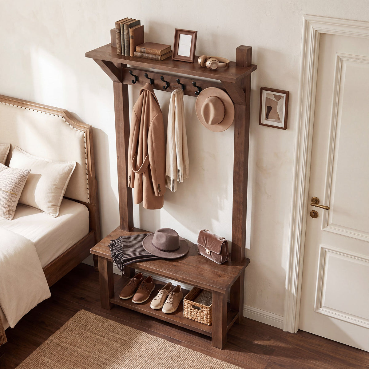 71" Solid Wood Hall Tree, 4-in-1 with 2-Tier Shoe Rack, 6 Hooks, Farmhouse Entryway