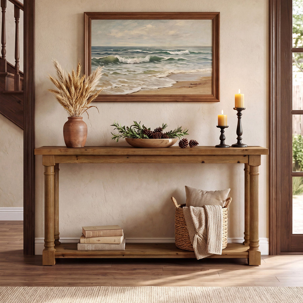 63" Solid Wood Console Table, 2-Tier Entryway Table with Turned Spindle Legs for Hallway