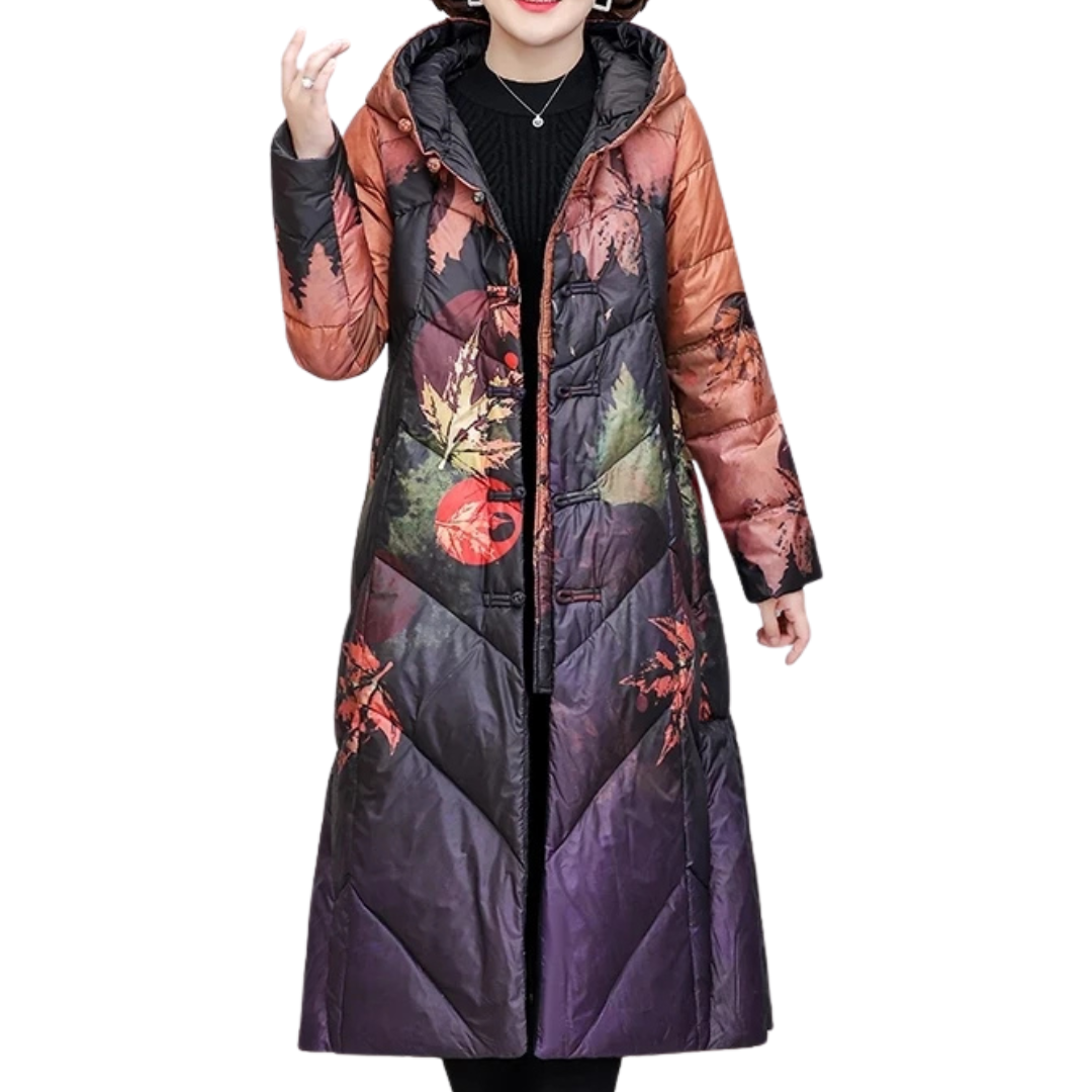 Allysa | Women’s Long Winter Puffer Jacket | Leaf Print