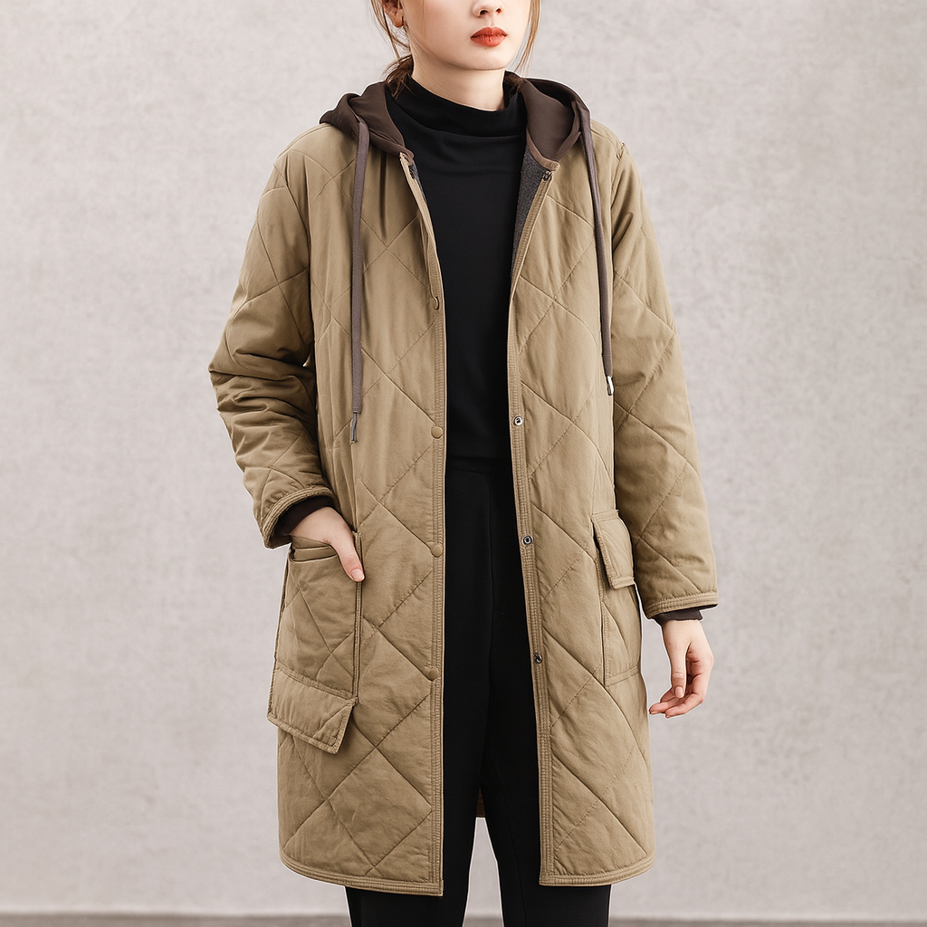 Marcia | Women’s Quilted Hooded Long Coat | Timeless