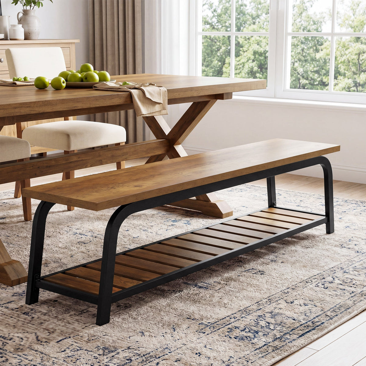 63" Industrial Dining Bench, 2-Tier Kitchen Bench with Metal Frame for Dining Room