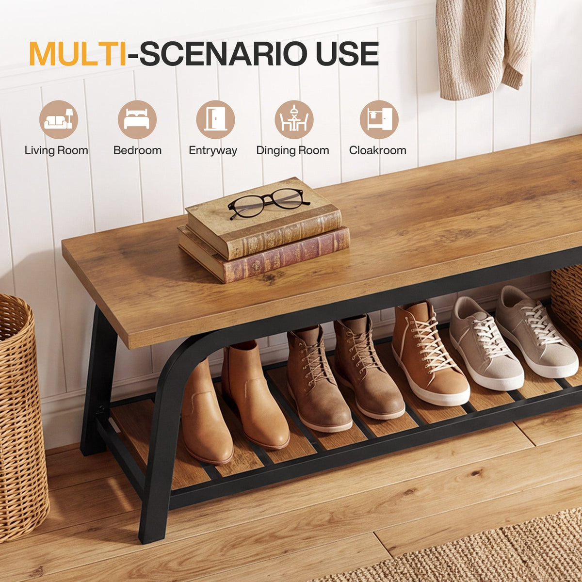63" Industrial Entryway Bench, 2-Tier Shoe Storage Bench with Metal Frame for Hallway