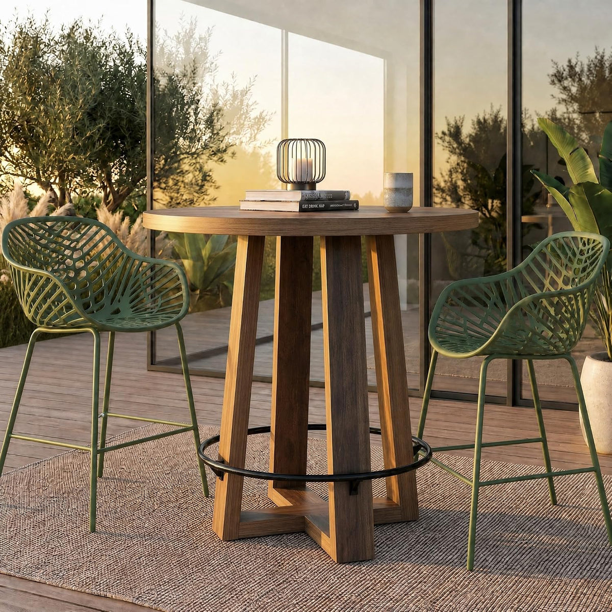 31" Round Counter Height Dining Table, Metal Footrest, Farmhouse Kitchen