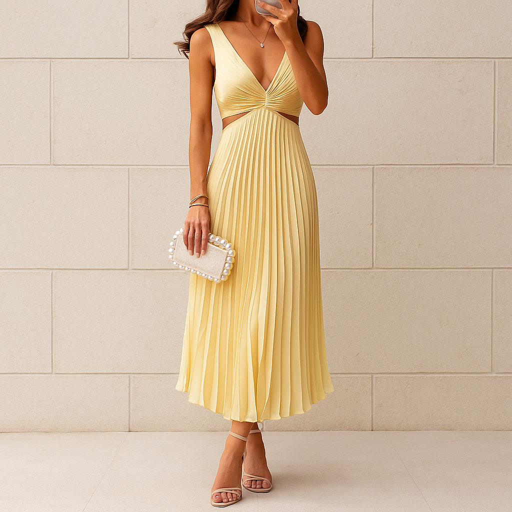 cut out pleated dress Ms. Pleat Cut-Out Dress, Two-Tone M / Longan (Beige)/ Green Trim