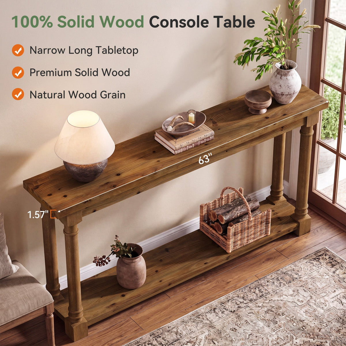 63" Solid Wood Console Table, 2-Tier Entryway Table with Turned Spindle Legs for Hallway