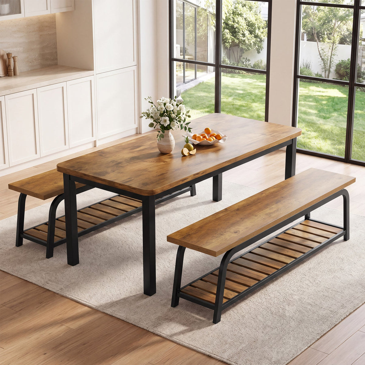 63" Industrial Dining Bench, 2-Tier Kitchen Bench with Metal Frame for Dining Room