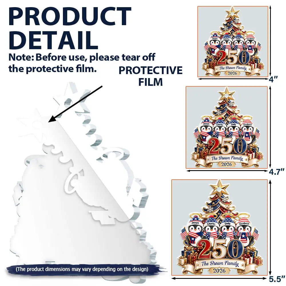 America 250th Anniversary Penguin Family Christmas - Personalized Custom Shaped Acrylic Ornament