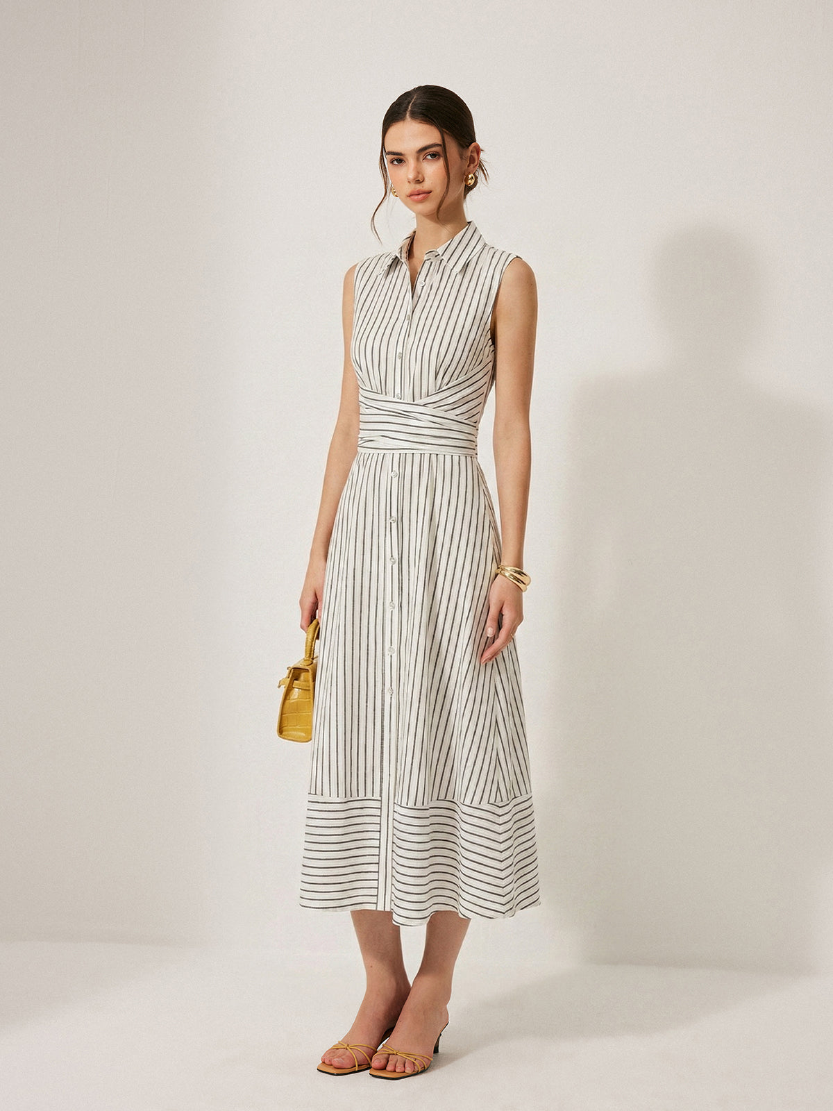 sleeveless tie waist midi dress Dariana Sleeveless Waist Tie Button Front Midi Dress White SMALL