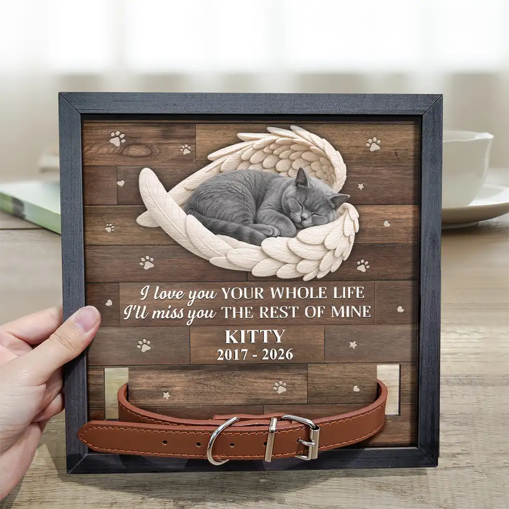 Custom Photo Sleeping Angel Forever Loved Memorial Dog Cat - Personalized Pet Loss Sign, Collar Frame
