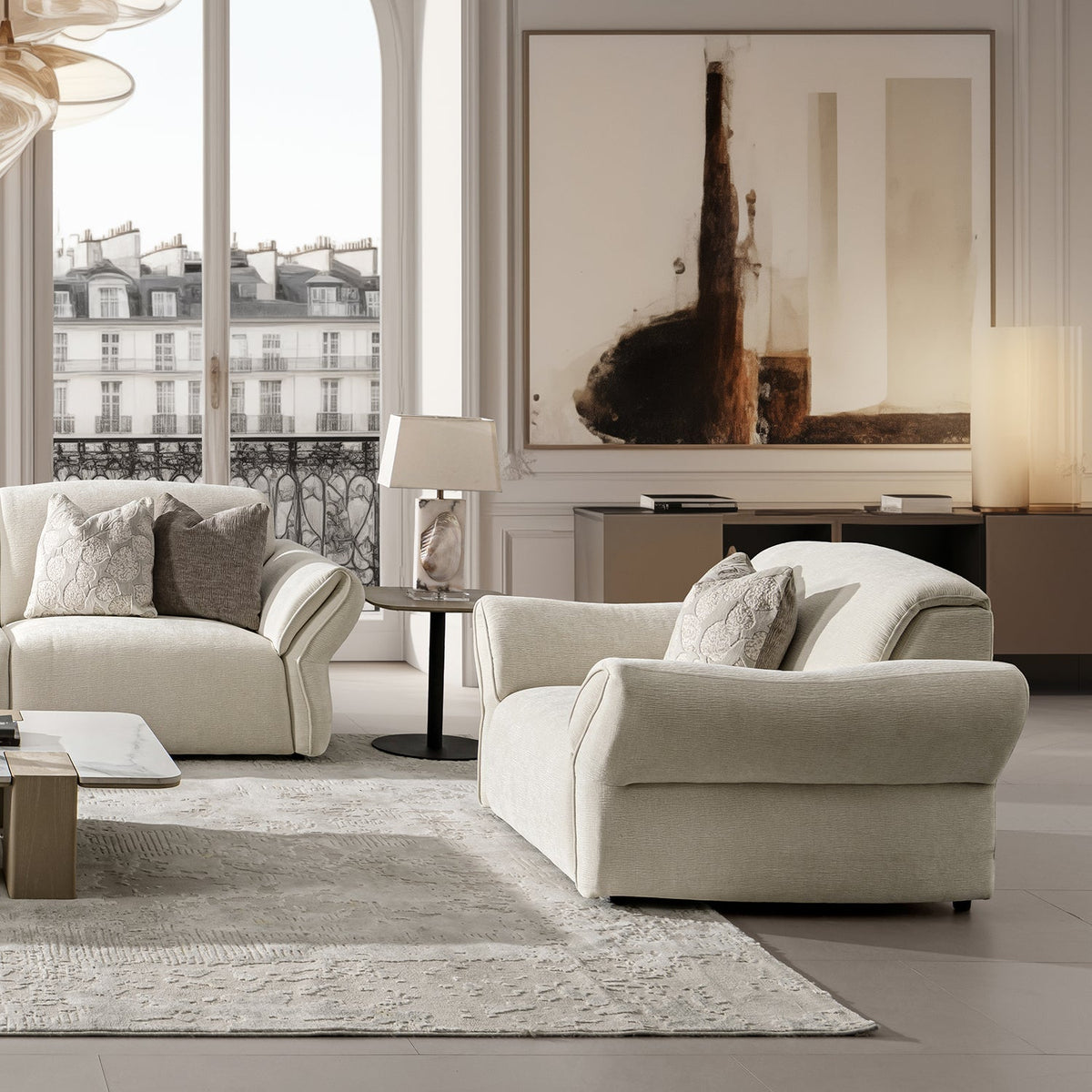 Cream Mixed Weave Fabric 1 Seater Sofa LUNAR