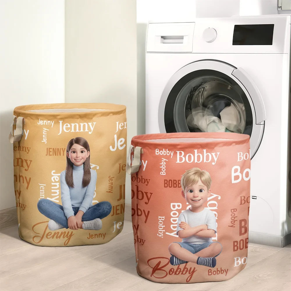 Custom Photo Cartoon Portrait Name Word Pattern Gift For Kids - Personalized Laundry Basket, Storage Basket
