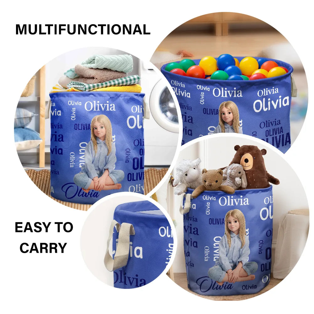 Custom Photo Cartoon Portrait Name Word Pattern Gift For Kids - Personalized Laundry Basket, Storage Basket