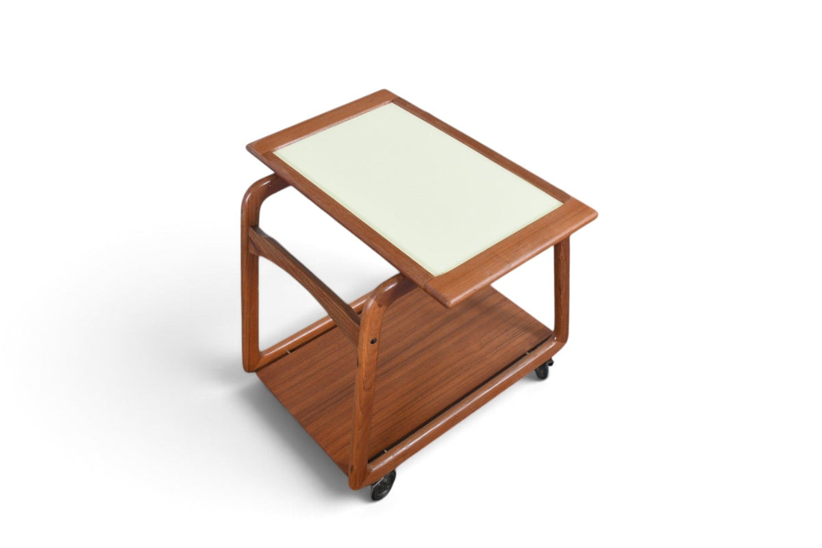 DANISH MODERN FLIP TOP BAR CART IN TEAK + CREAM LAMINATE