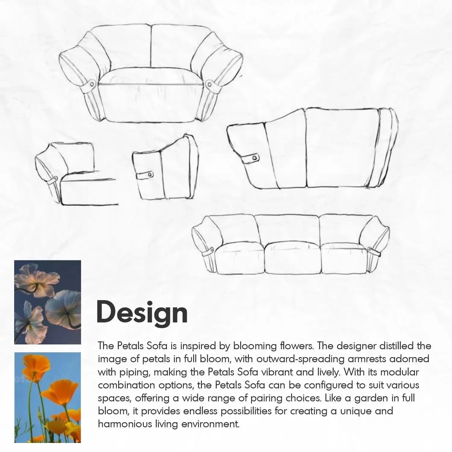 Modern Mixed Weave Fabric Modular Chaise Sofa PETALS