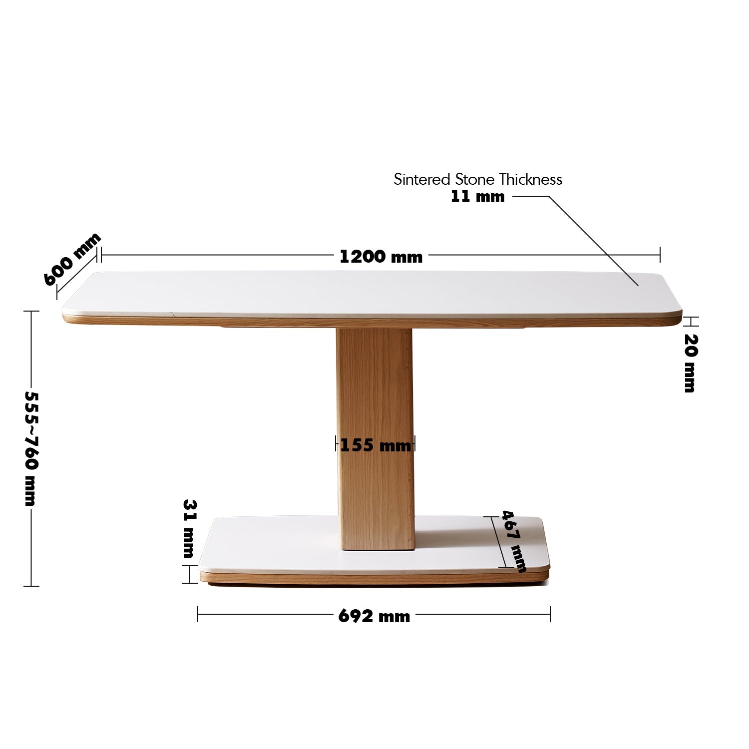 Scandinavian Oak Wood Sintered Stone Height Adjustable Coffee Table LINO