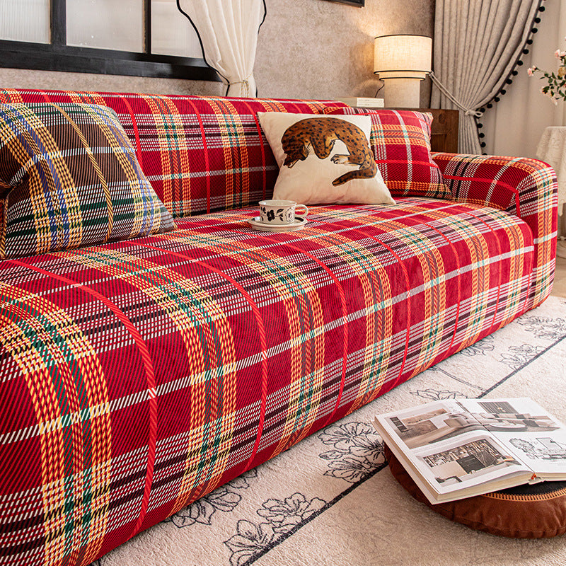 Heritage Plaid Crystal Velvet Stretch Sofa Couch Slipcover
