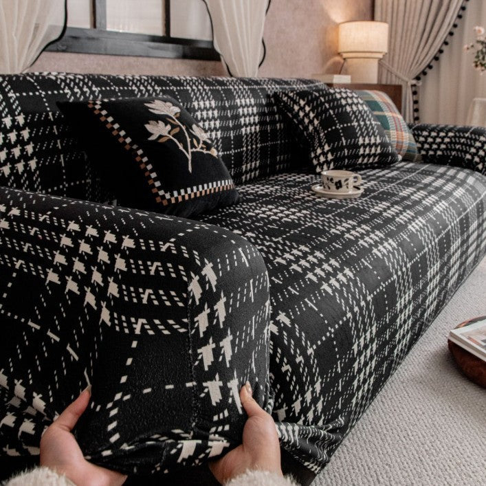 Heritage Plaid Crystal Velvet Stretch Sofa Couch Slipcover