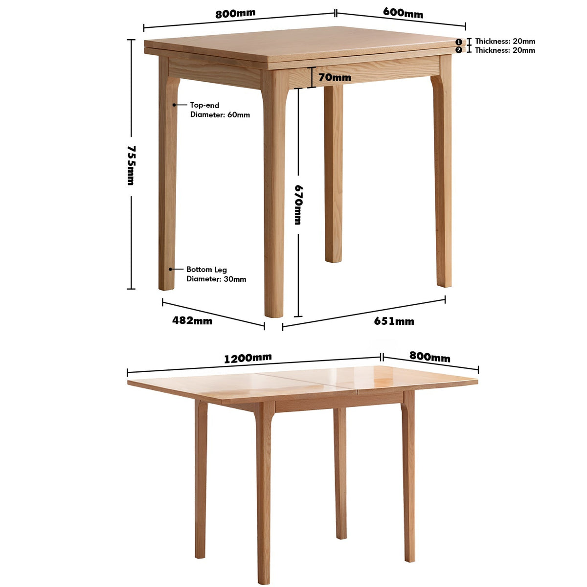 Scandinavian Oak Wood Extendable Dining Table PRIVOT