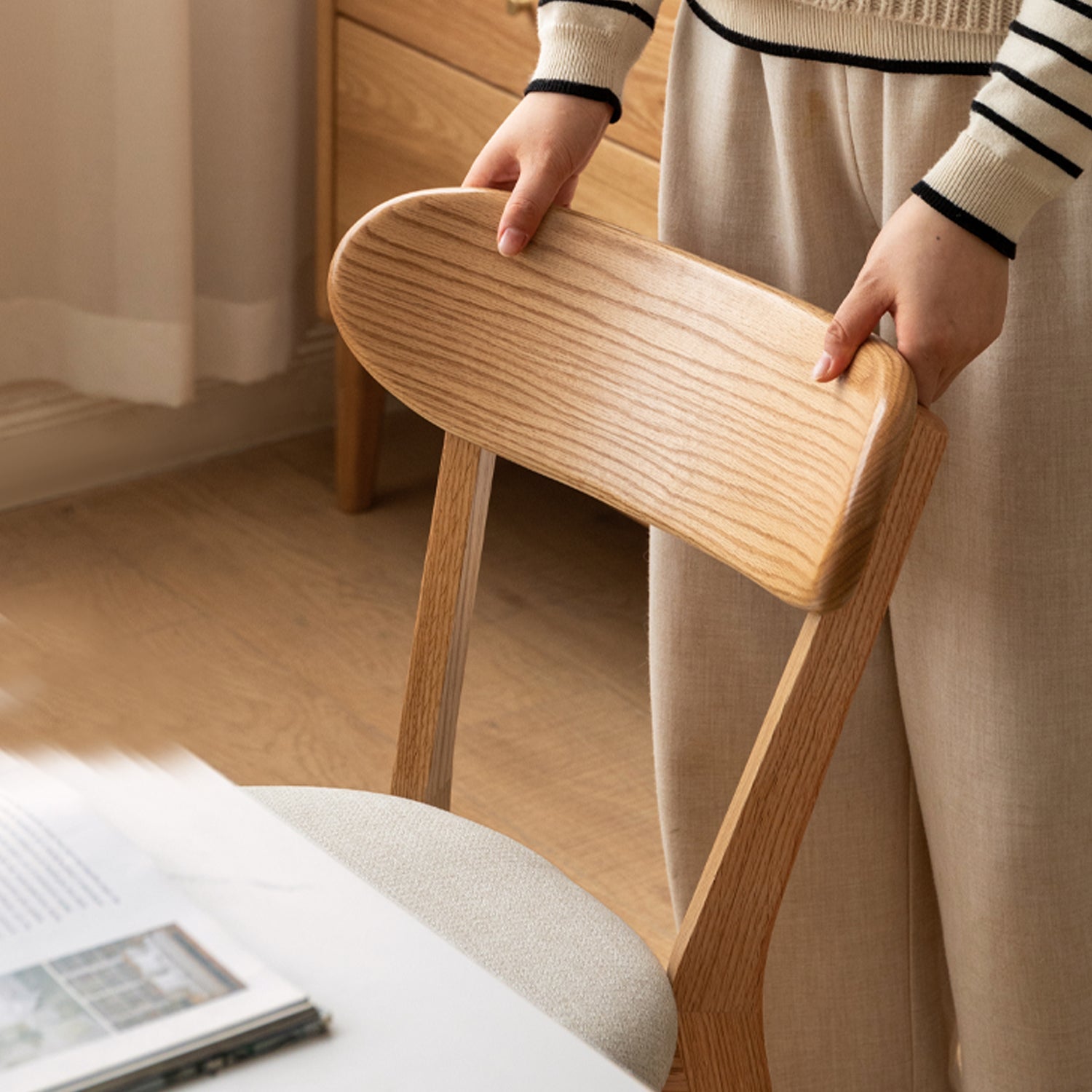 Scandinavian Oak Wood Mixed Weave Fabric Cover Removable Dining Chair BREEZE