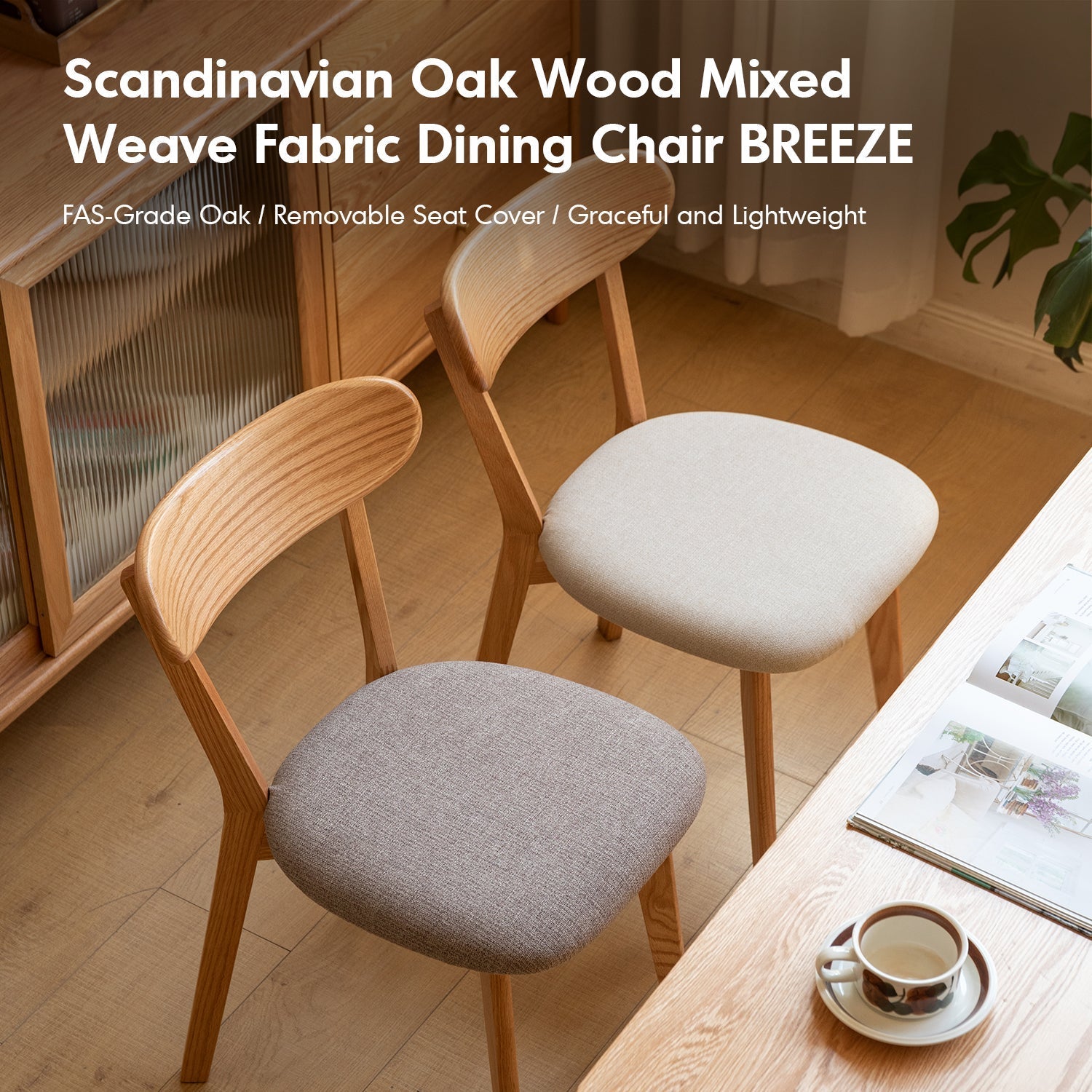Scandinavian Oak Wood Mixed Weave Fabric Cover Removable Dining Chair BREEZE