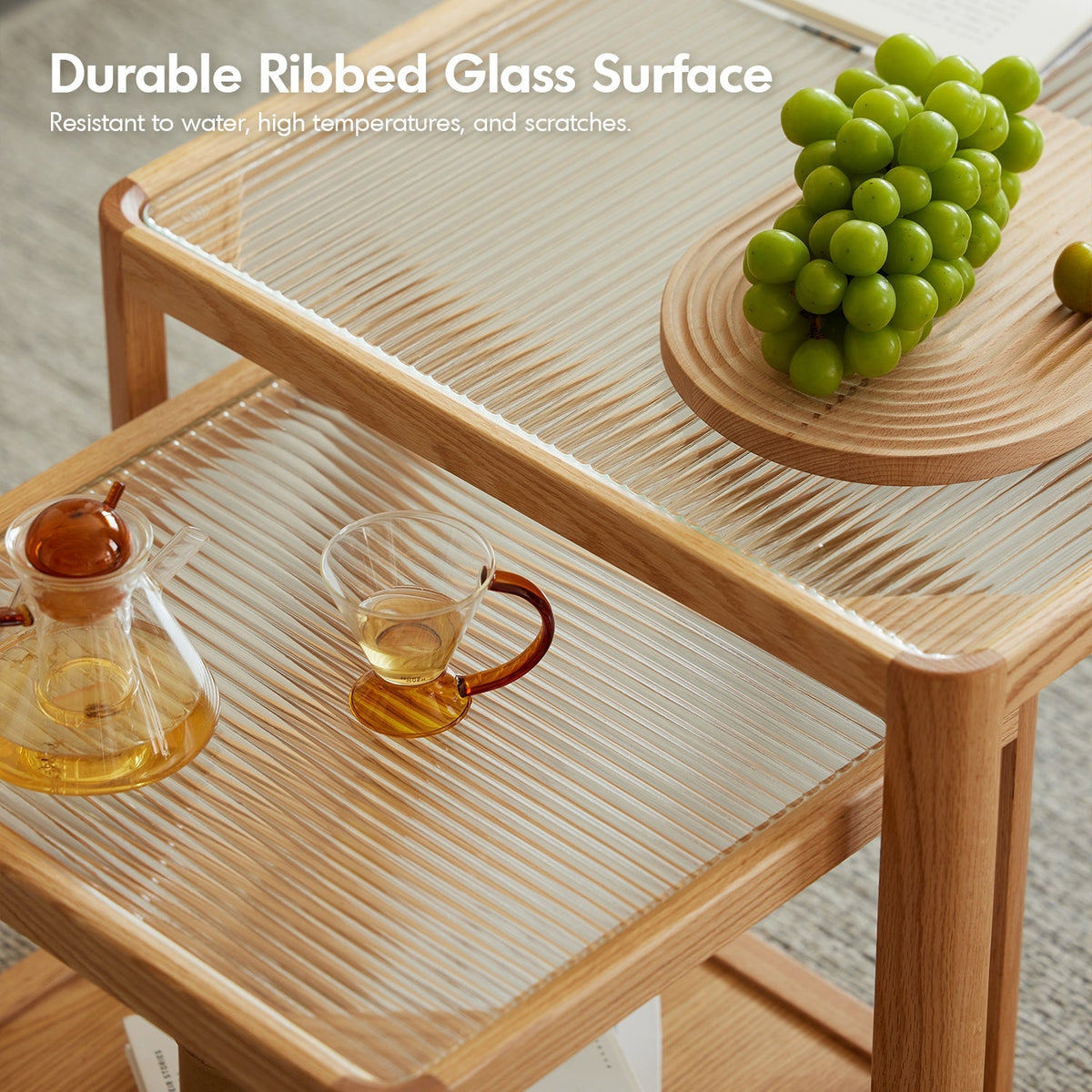 Scandinavian Oak Wood Moru Glass Coffee Table Set GLINT