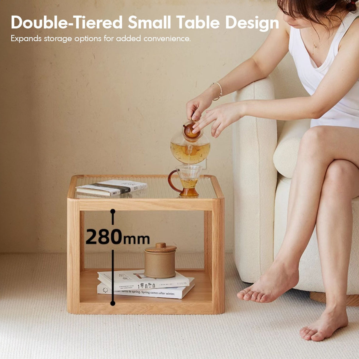 Scandinavian Oak Wood Moru Glass Coffee Table Set GLINT