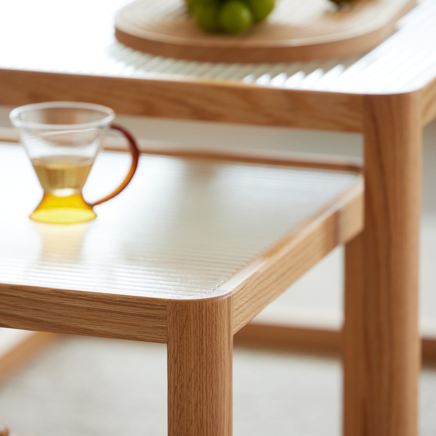 Scandinavian Oak Wood Moru Glass Coffee Table Set GLINT
