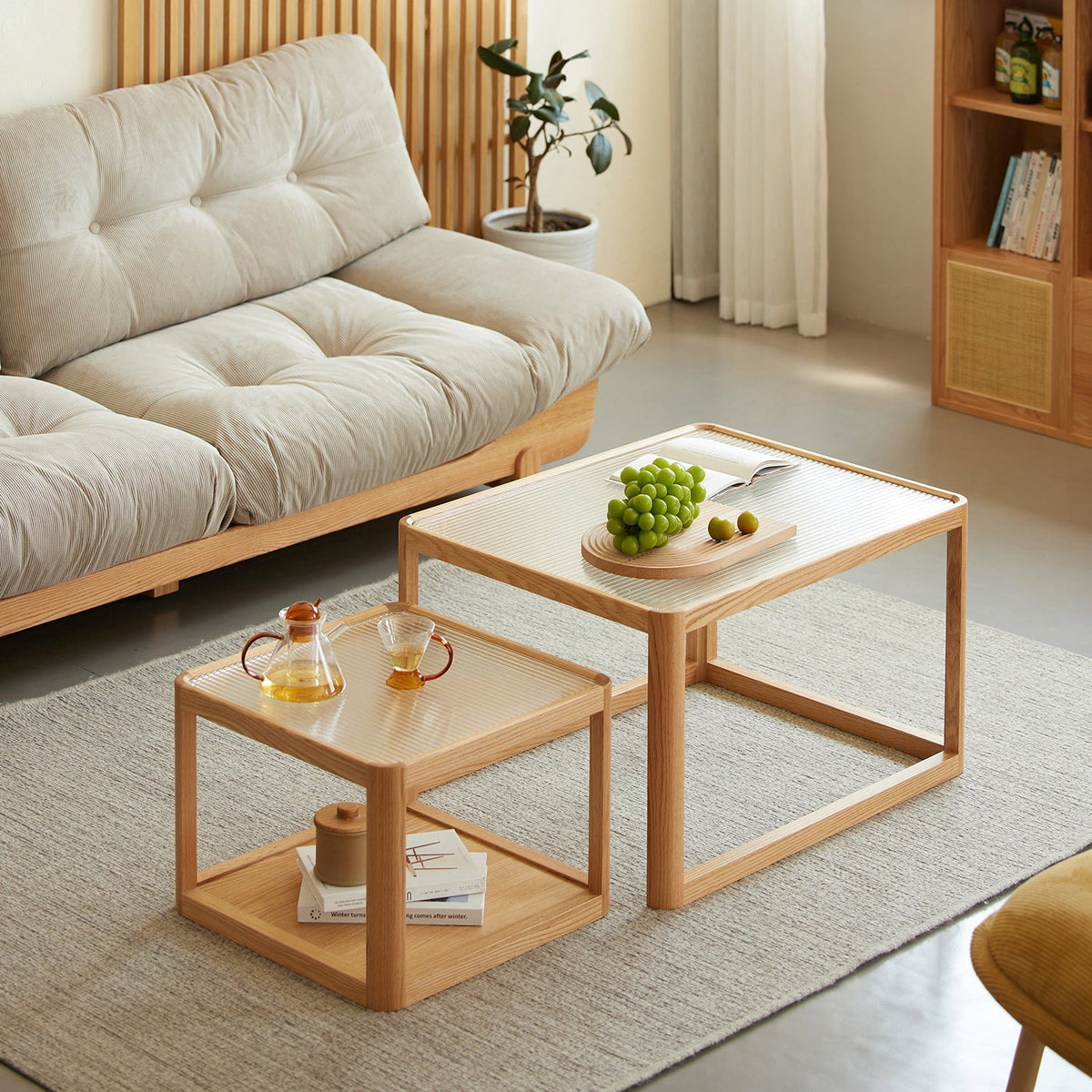 Scandinavian Oak Wood Moru Glass Coffee Table Set GLINT