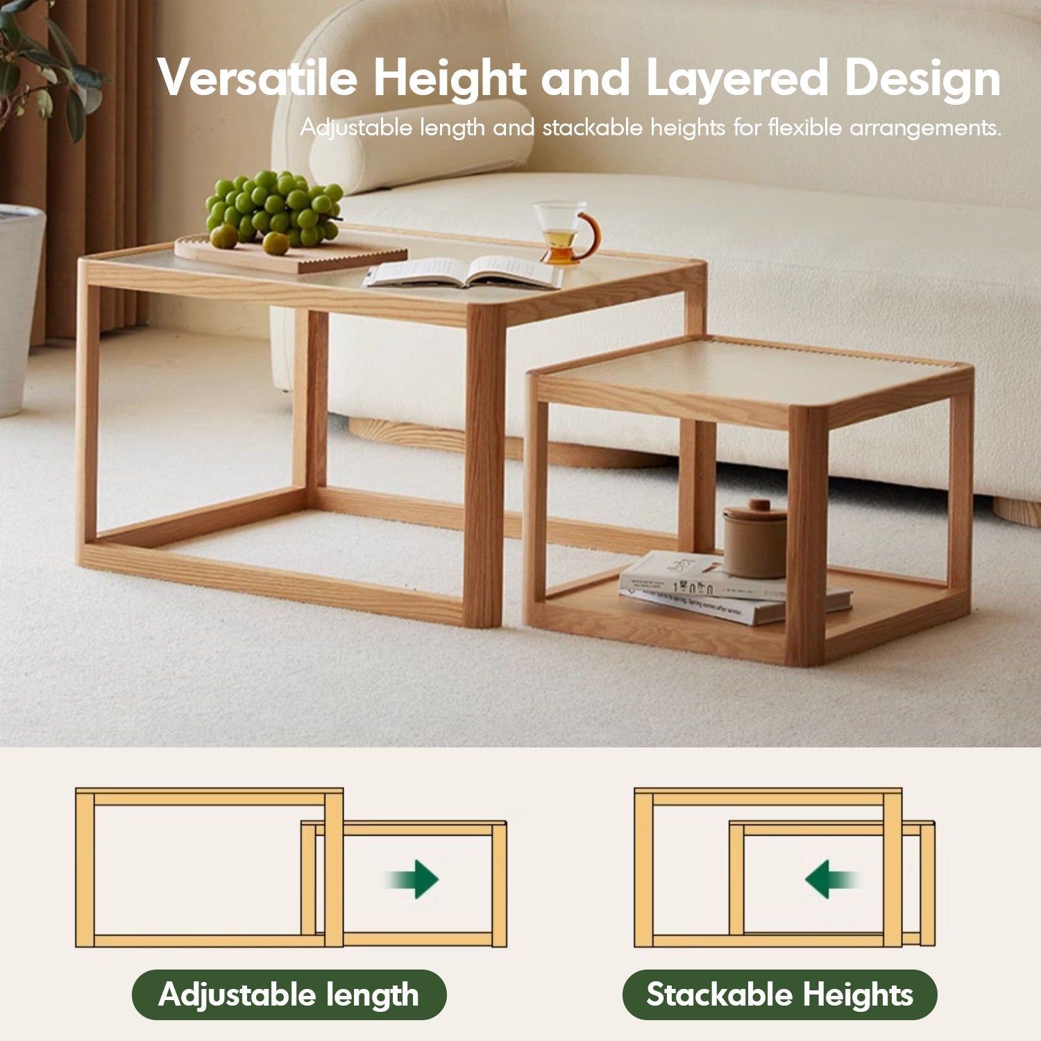Scandinavian Oak Wood Moru Glass Coffee Table Set GLINT