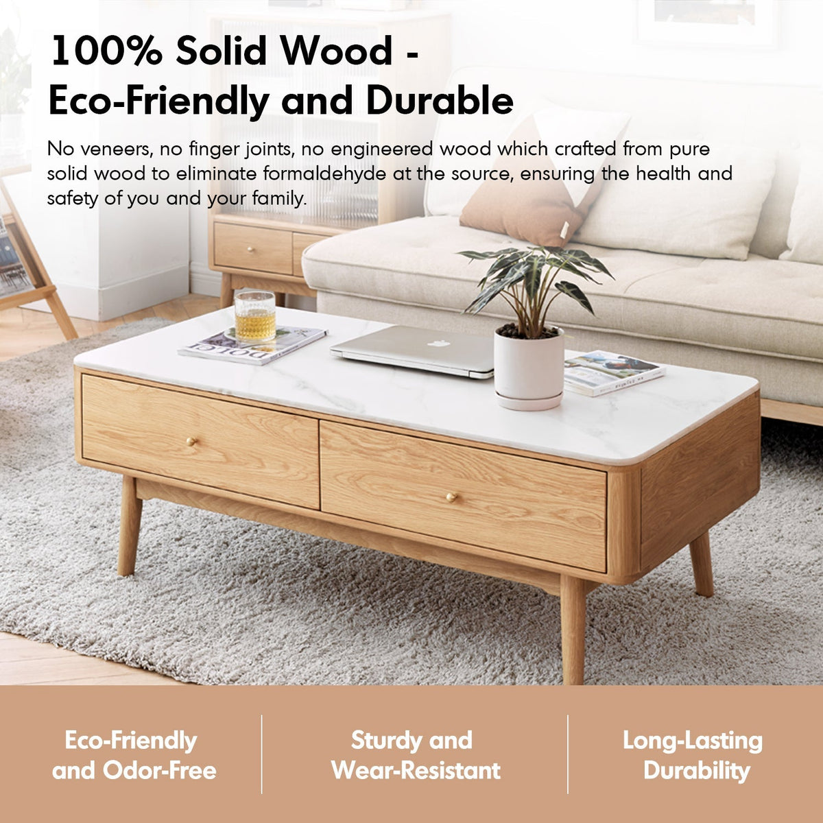 Scandinavian Oak Wood Sintered Stone Coffee Table BEAM