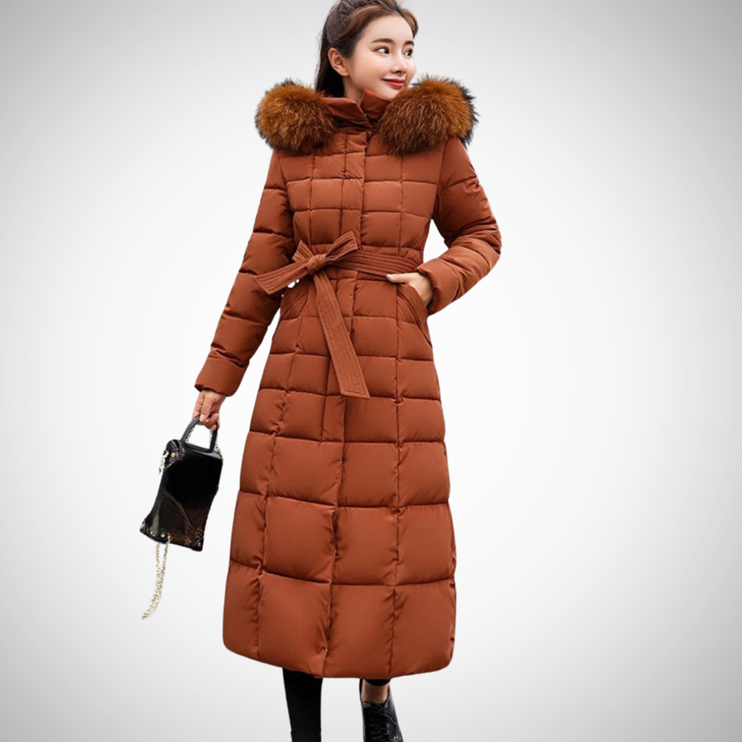 Carrie Long Belted Winter Puffer Coat for Women